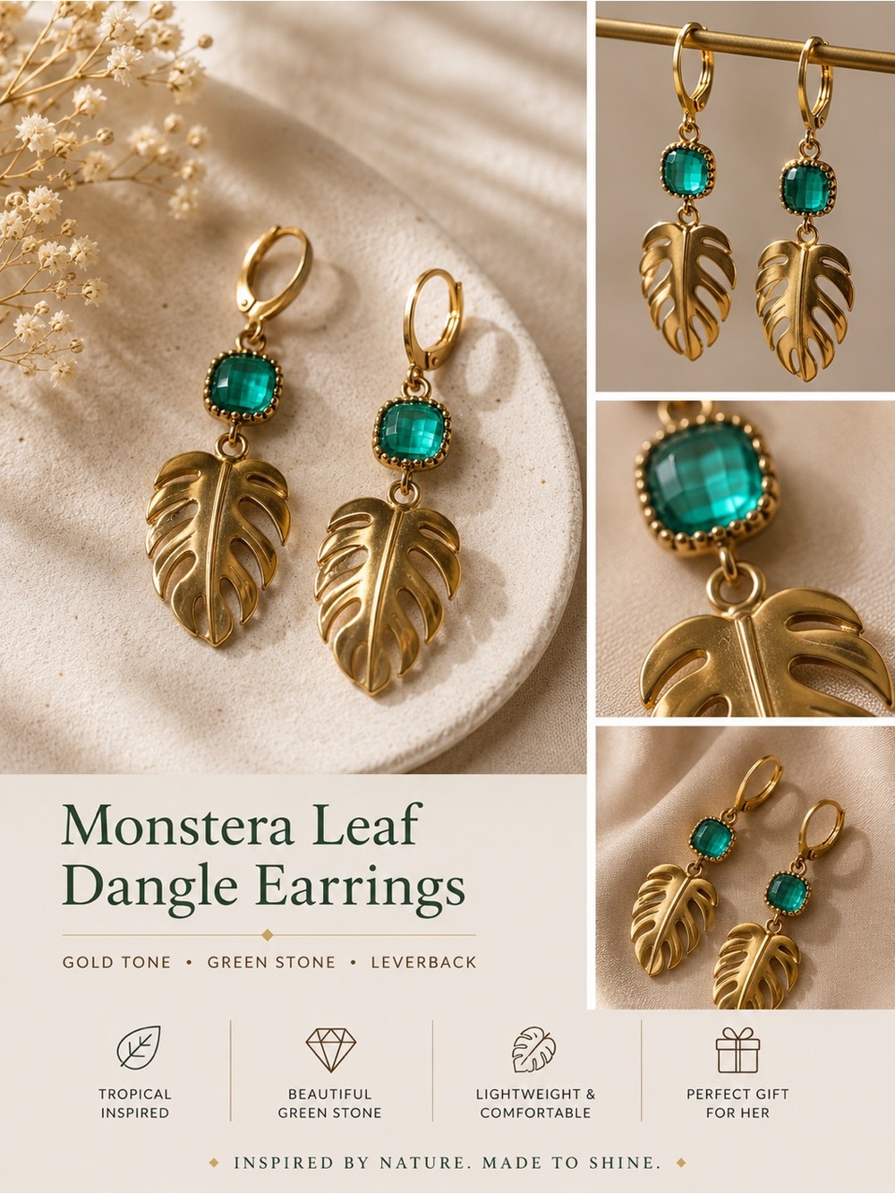 Dangle Drop Earrings Gold Tone Monstera Leaf Green Stone‎ Lever Back